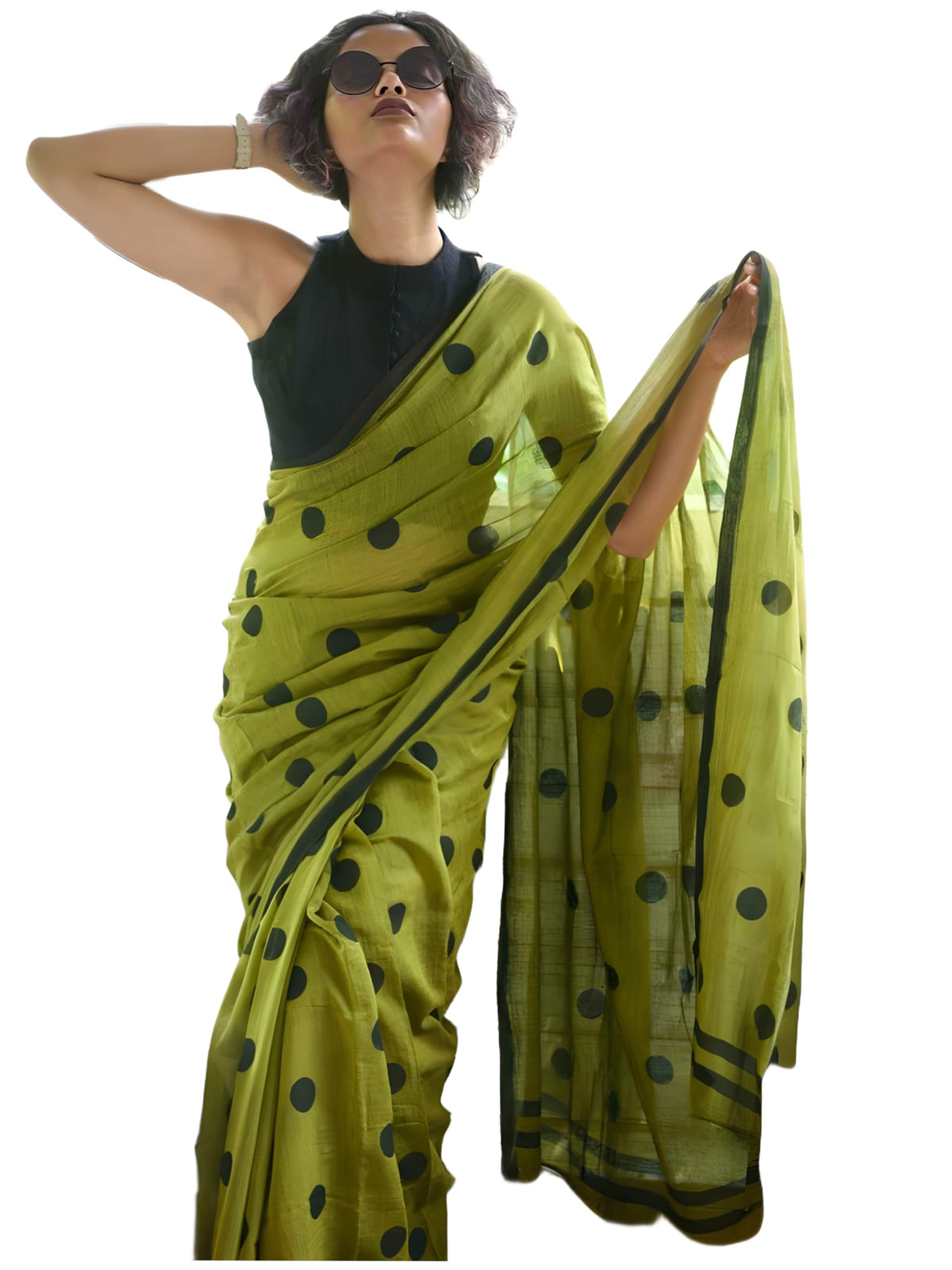 Women's Polka Dot Printed Linen Cotton Saree With Unstitched Blouse Piece (Laddu_Free Size)