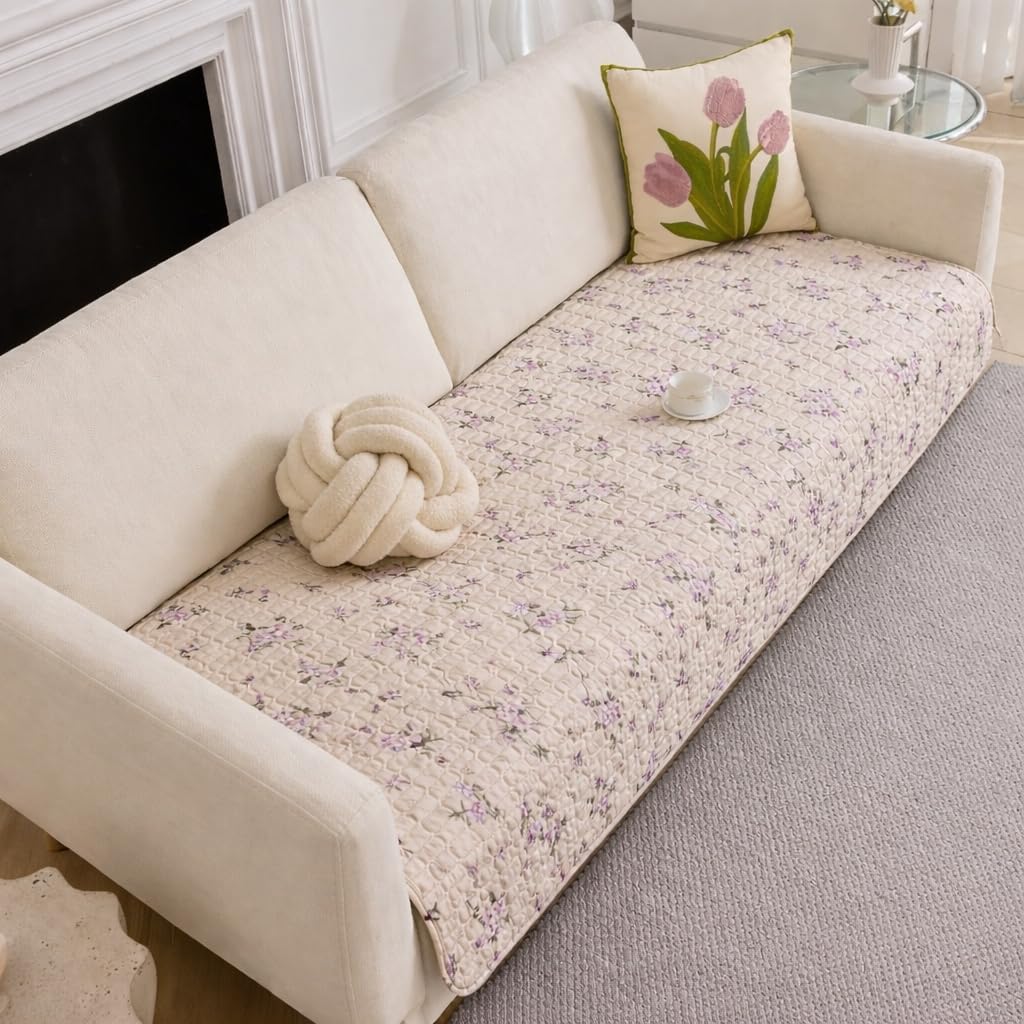 HOMETHREADS Anti-Skid Sofa Protector Mat: Premium Printed Cotton Slipcover with Strong PVC Non-Slip Backing (Beige, 2 Seater | 140x75cm) Beige 2 Seater | 140x75