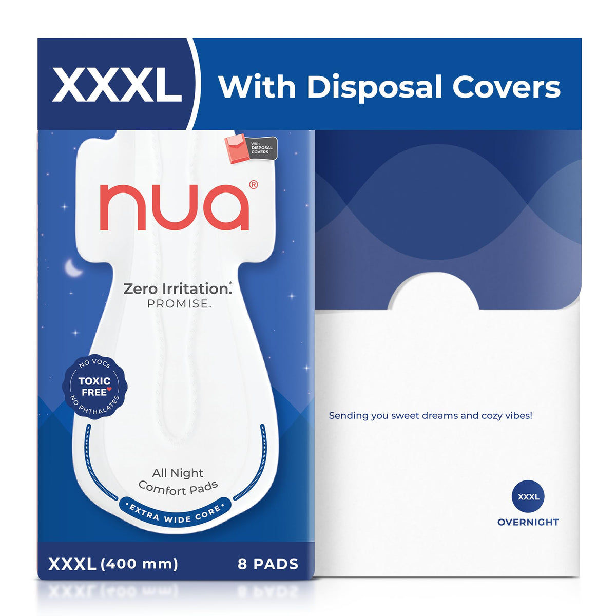 Nua All Night Comfort Sanitary Pads | Pack of 8 (XXXL 400mm) | Extra Wide Core | Front to Back Coverage | Upto 12 Hours of Absorption | Super Soft and Breathabl