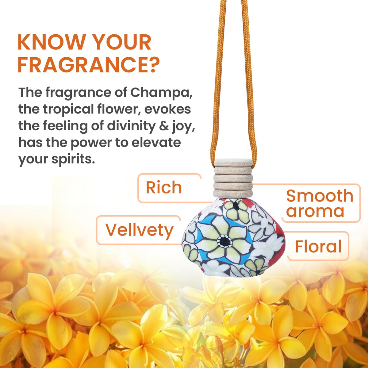 Sugandhim Mahak Champa Car Air Freshener, Hanging Perfume Bottle Scent Diffuser for Cars, Natural Floral Fragrance Oil - Lasts 65 days, 15 ml x 1 bottle,Non Alc