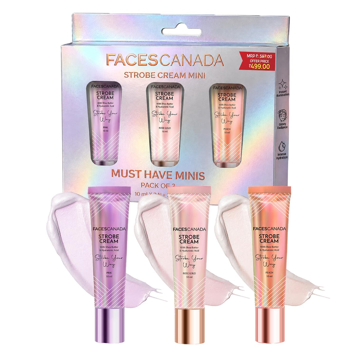 FACES CANADA Strobe Cream - Must Have Minis (10ml x 3) | Rose Gold + Pink + Peach | Primer + Highlighter + Moisturizer | Shea Butter & Hyaluronic Acid | Intense