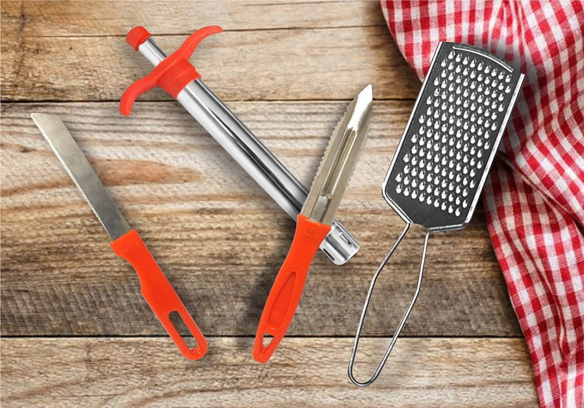 sakoraware Stainless Steel Essential Kitchen Tools Accessories Set I 4 Pcs Daily Use Home Utility for Cooking| Combo-Vegetable Cutter with Peeler, Cheese/Ginger