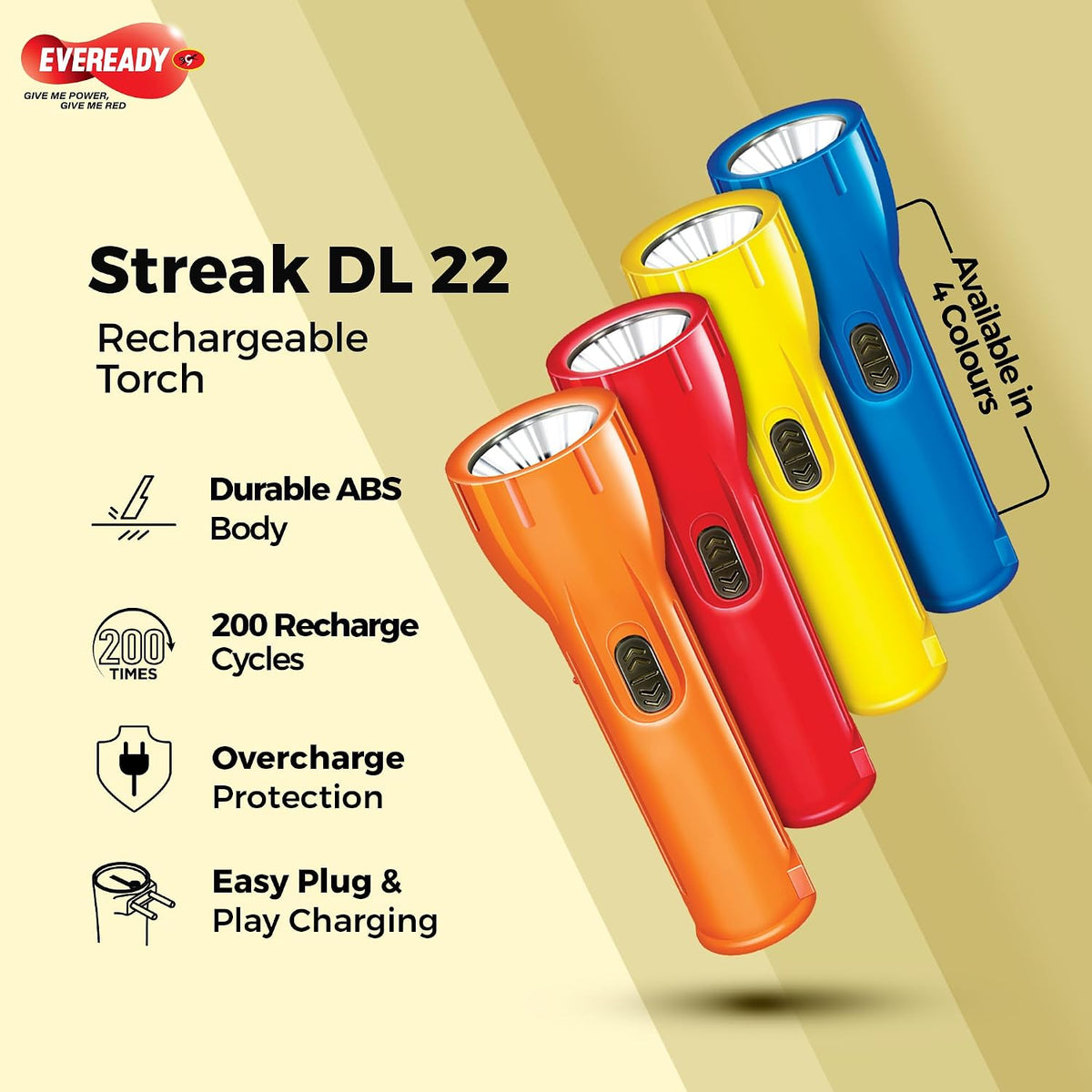 EVEREADY Streak DL22, Rechargeable 1W Emergency Torch, Plug & Play Charging 1 DL22