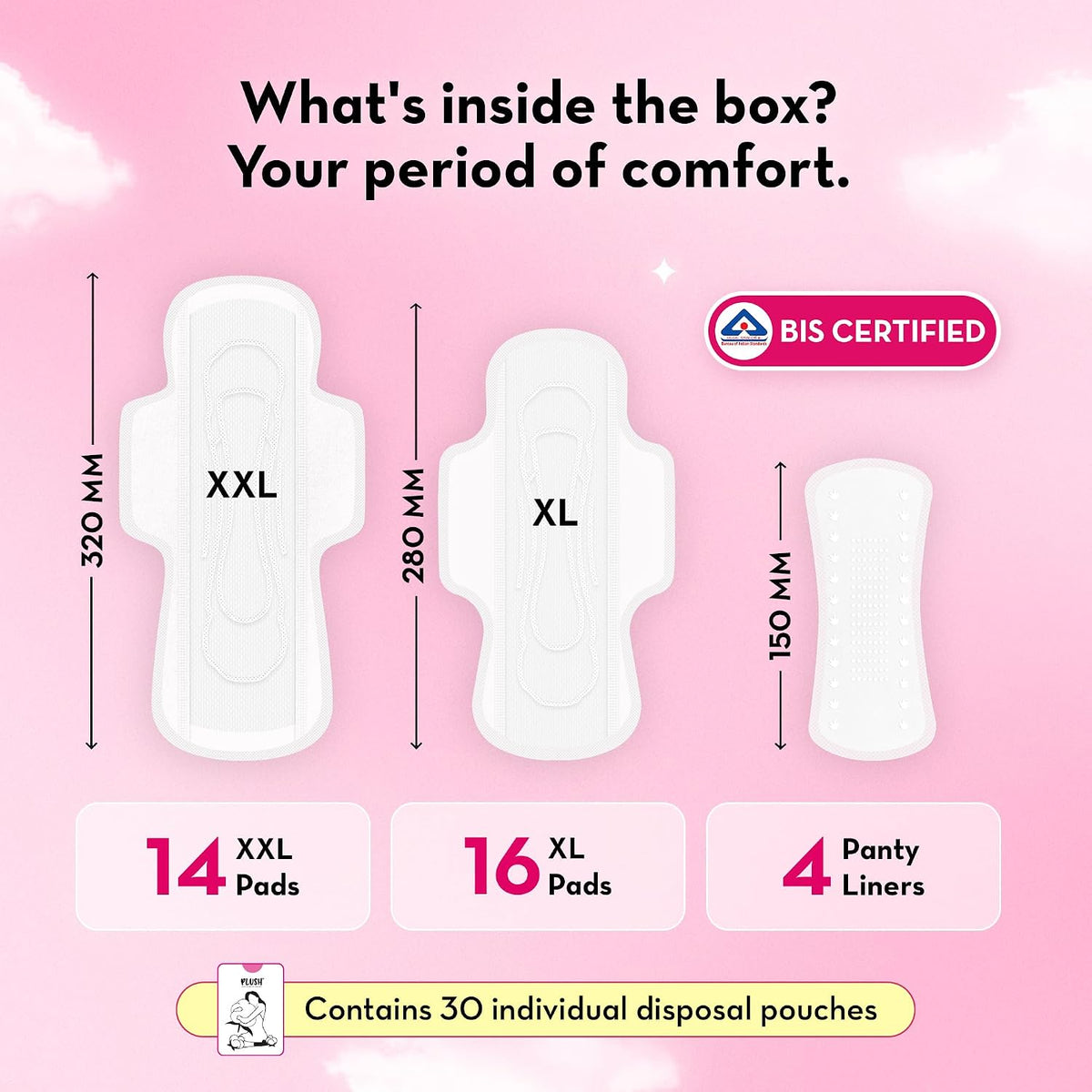 Plush Ultra-Thin Sanitary Napkins for Women, 30 Pcs | 16 XL Pads (Light-Medium Flow), 14 XXL Pads (Heavy Flow), 4Panty Liners | 100% Rash-Free | Pure U.S. Cotto