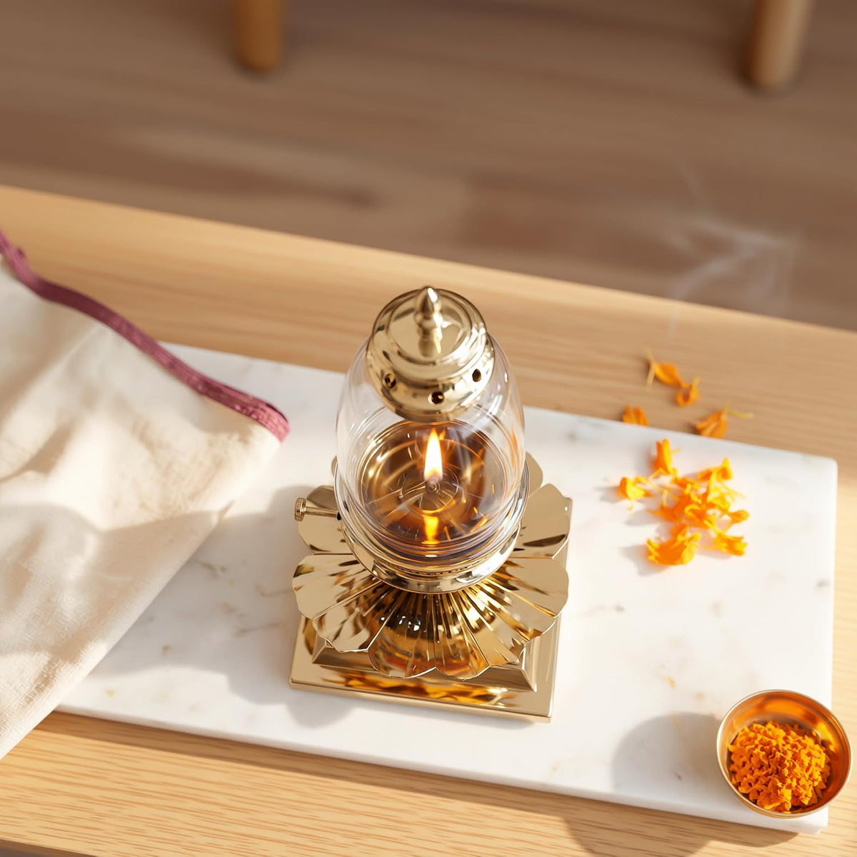 P•TAL Brass Akhand Jyot Diya with Glass Cover – Handcrafted Long-Lasting Oil Lamp for Puja, Mandir & Festivals (1N) Large