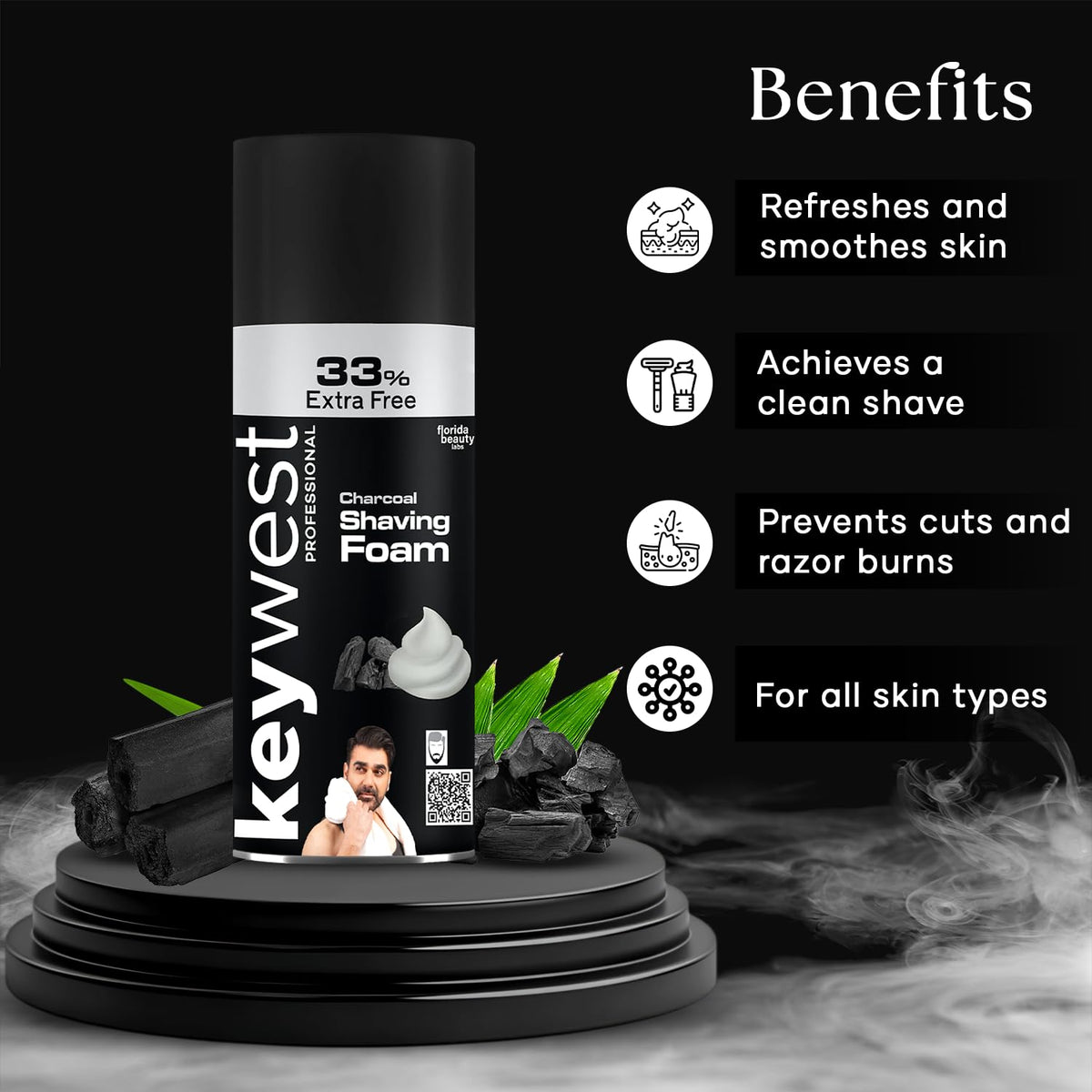 Keywest Charcoal Pre Shaving Foam for Men 385gm (33% Extra Free) | Shave Foam for Men All Skin Types | More Than 100 Shaves | Enriched with Activated Charcoal P