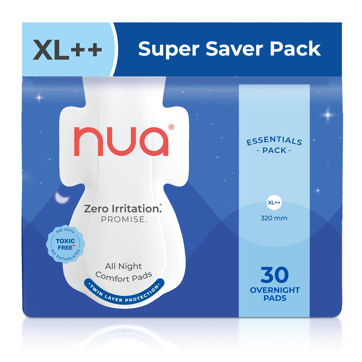 Nua All Night Comfort Sanitary Pads | Pack of 30 (XL++ 320mm) | Twin Layer Protection | 50% Wider Back and Anti Stain Wings | Upto 10 hours of Absorption | Supe
