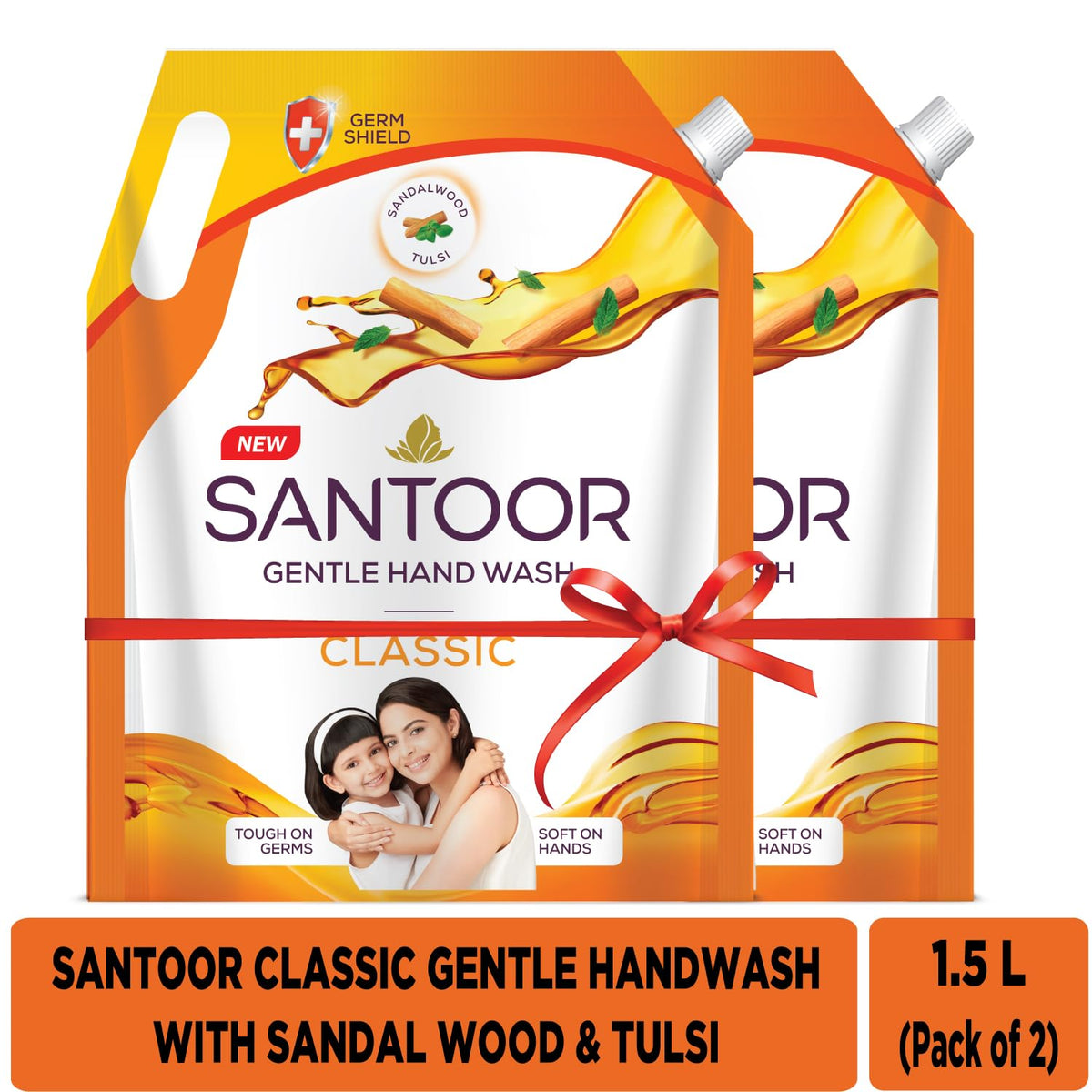 Santoor Classic Gentle Hand Wash with Natural Goodness of Sandalwood & Tulsi| Rich Lathering Formula With Anti-Bacterial Properties| Soft on Hands| Soothes & Hy