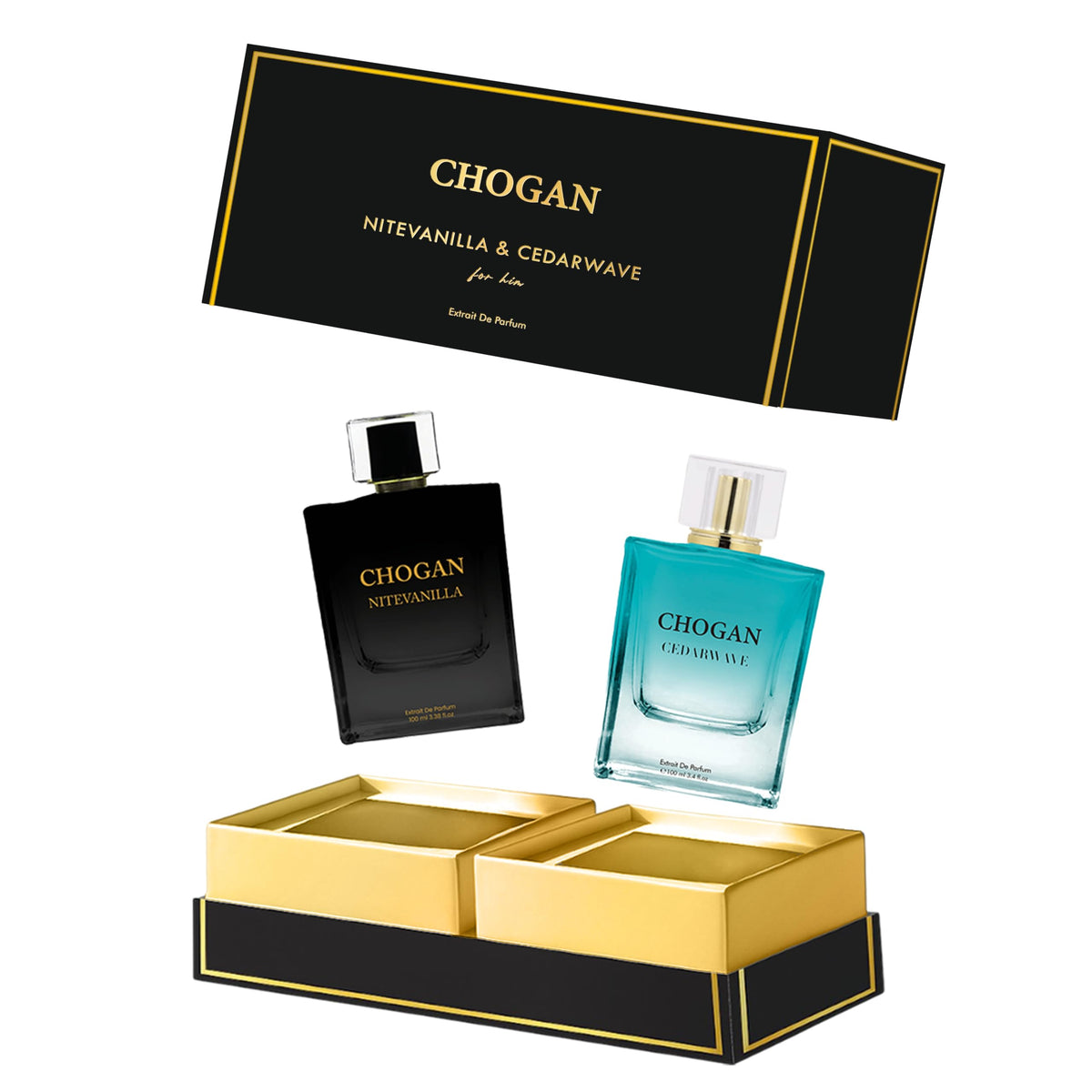 CHOGAN Men’s Perfume Combo | CEDARWAVE & NITEVANILLA | Fresh & Spicy Fragrance Duo, 25% FRENCH Perfume Oil Concentration| 100 ml each | Extrait De Parfum |