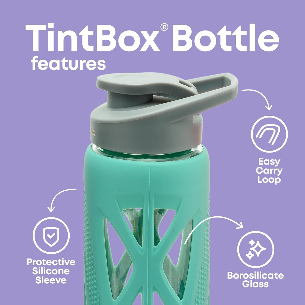 TintBox Borosilicate Glass Water Bottle with Silicone Sleeve | as seen on Shark Tank | perfect for Office, Home, Fridge, Gym, Travel | BPA Free | Power Blue | 7