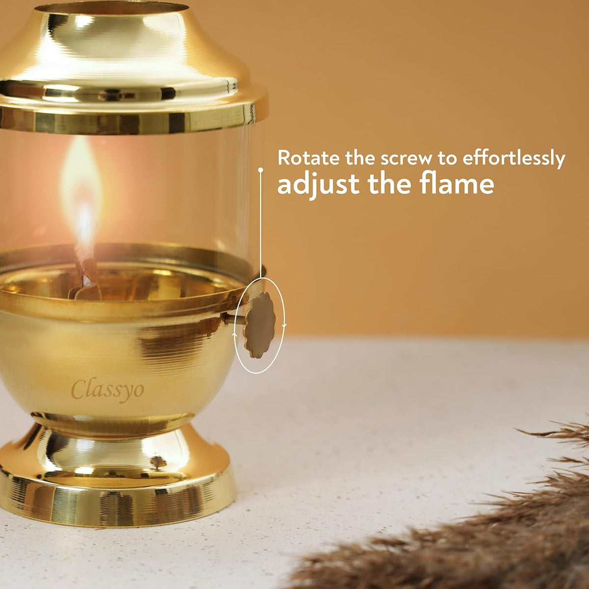 Classyo Pure Brass Akhand Diya with Adjustable Bati with Screw Lever for Puja, Borosilicate Glass (6 inch, 250ml Oil Capacity, Wick Included, Flame up to 48hrs)