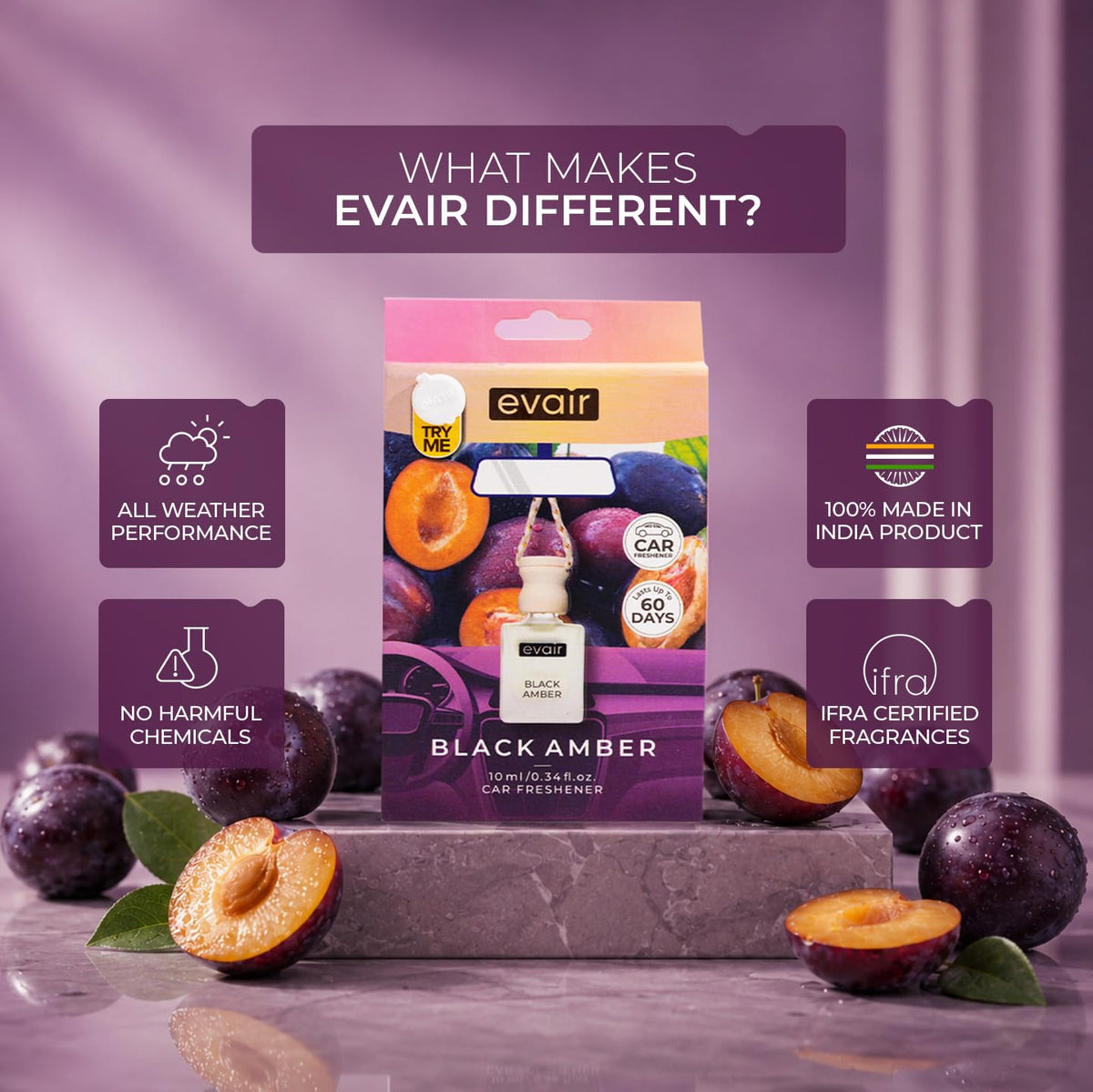 Evair BLACK AMBER Luxury Car Air Freshener | Rich Musky Essential Oil Hanging Car Perfume | Long Lasting Car Fragrance Diffuser | Premium Car Scent Hanging Pod