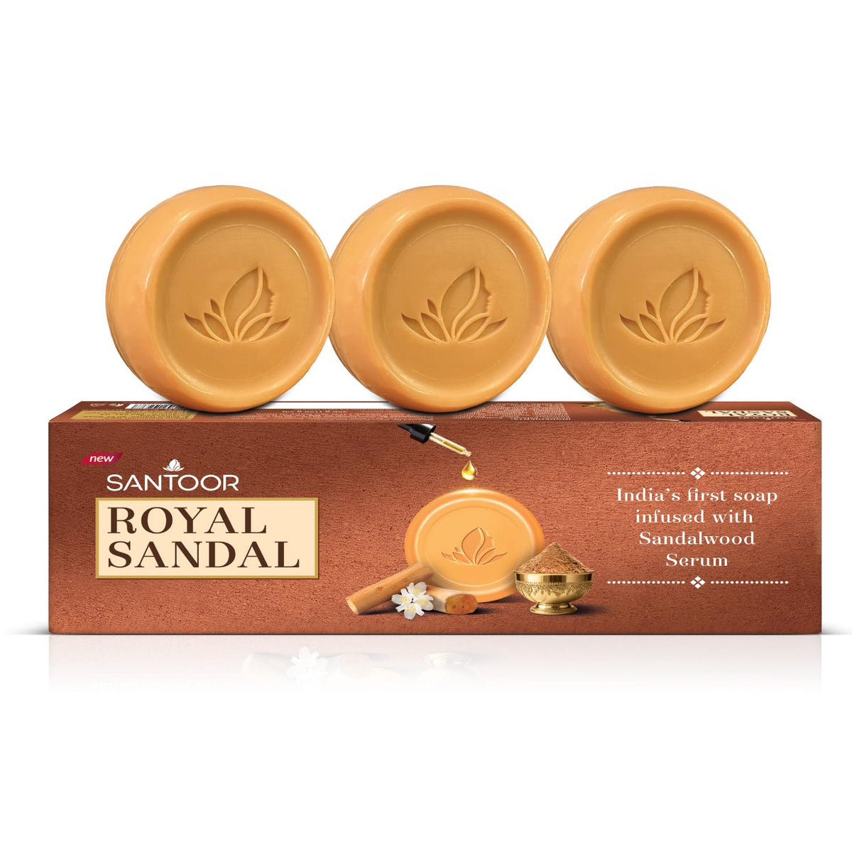 Santoor Royal Sandal Soap | Infused with Sandalwood Serum | Tan Removal | 100% Pure Sandalwood Oil & Powder | Helps Reduce Tan for Even-Toned, Glowing Skin | 15