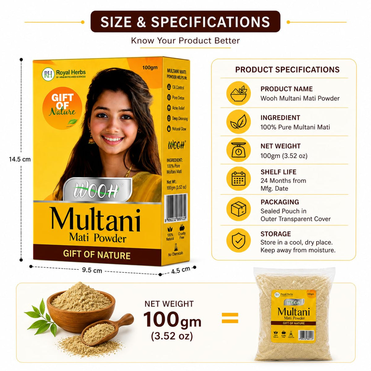 Wooh Multani Mitti Powder 100g for Face Pack, Skin Cleansing & Oil Control | Natural Fuller’s Earth for Glowing Skin & Hair Care