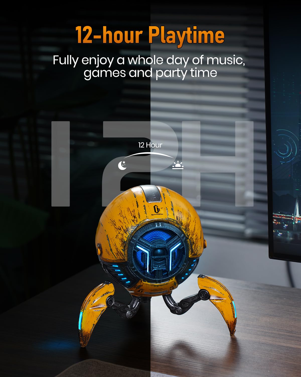 GravaStar Mars Pro Bluetooth Speakers, Bass Boost, 15H Playtime, Stereo Sound Music Box, Portable Bluetooth, Wireless Speaker for Party (Yellow)