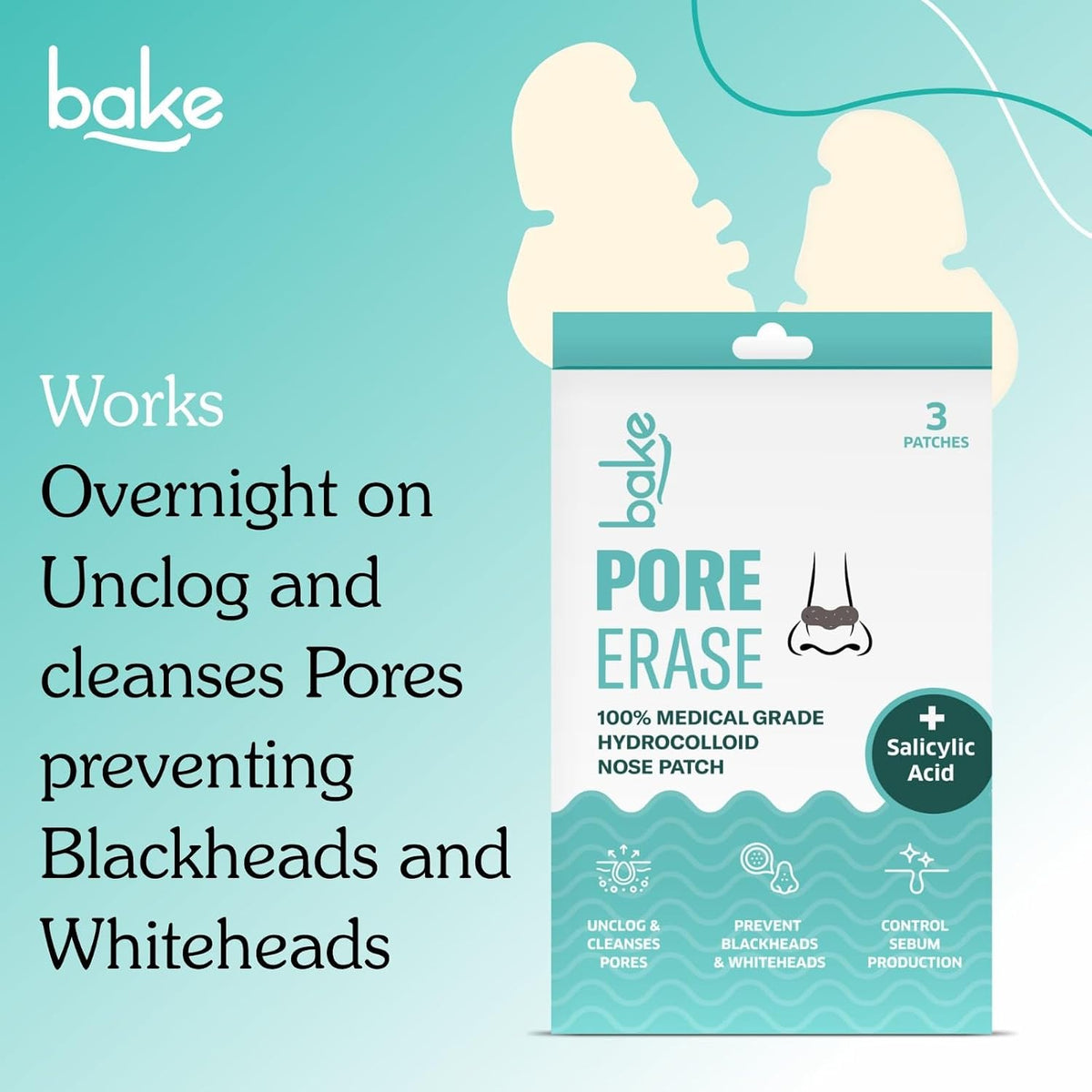 BAKE 2% Salicylic Acid Nose Strips for Blackheads Removal, Whiteheads & Pore Cleansing | Hydrocolloid Nose Patches for Clogged Pores, Deep Cleansing, Controlled