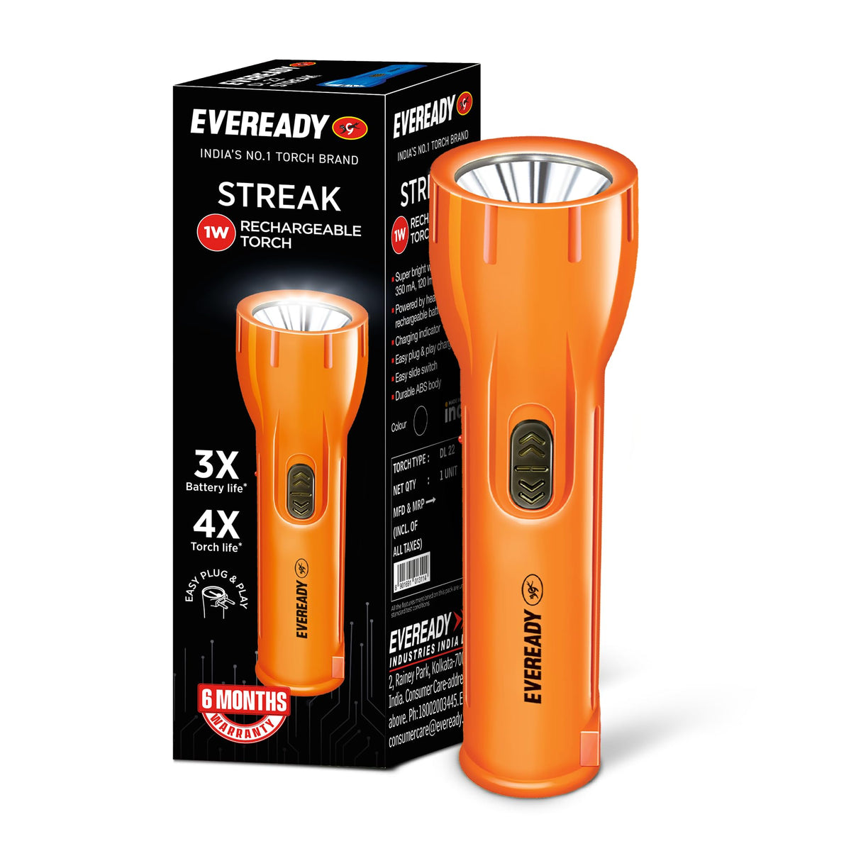 EVEREADY Streak DL22, Rechargeable 1W Emergency Torch, Plug & Play Charging 1 DL22