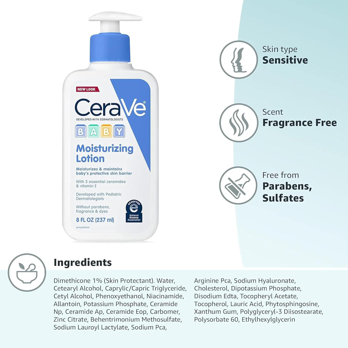 CeraVe Baby Lotion 8 Ounce Gentle Baby Skin Care with Hyaluronic Acid Paraben & Fragrance Free