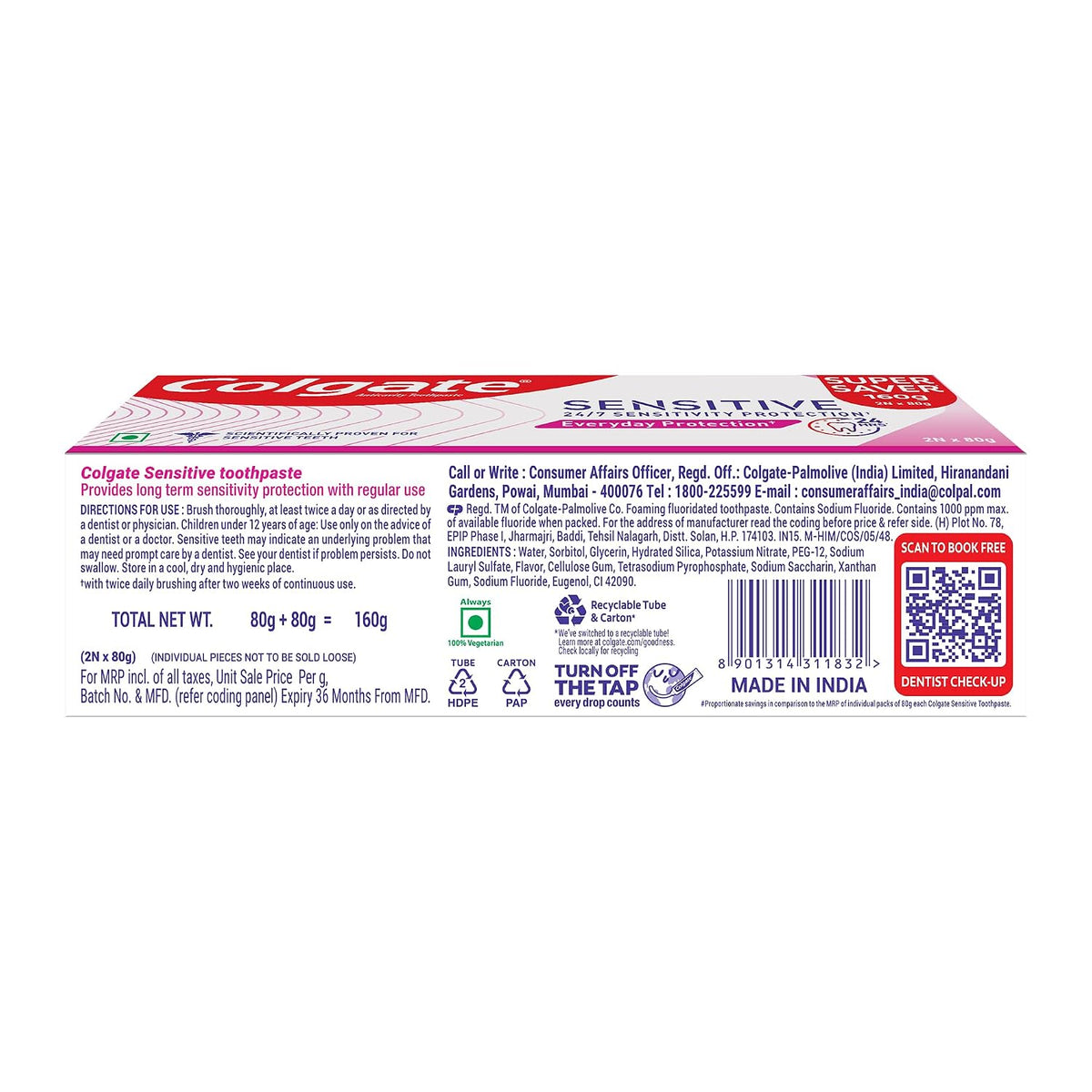 Colgate Sensitive Everyday Protection Toothpaste, Combo Pack Of 160g (80g X 2), Specifically Developed For Sensitive Teeth & Healthy Gums, Colgate Toothpaste Fo