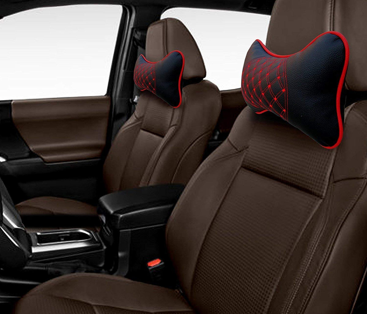 DETACHI Faux Leather Car Neck Rest Pillow/Cushion Set of Pillows Compatible with All Cars (Black, with RED Embroidery) - Pack of 2 Pieces Red & Black
