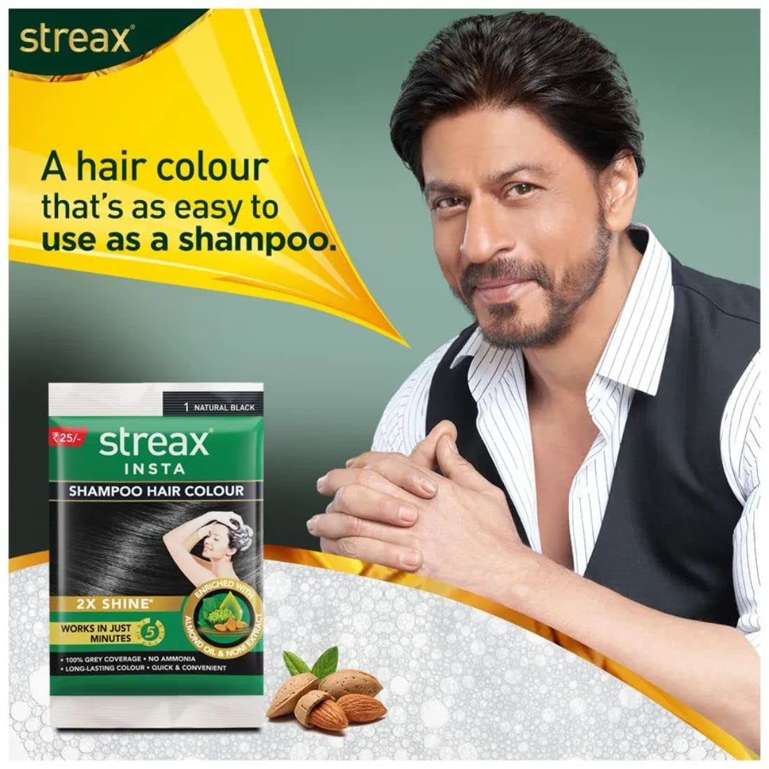 Streax Insta Hair Colour Shampoo, Natural Black, 15ml