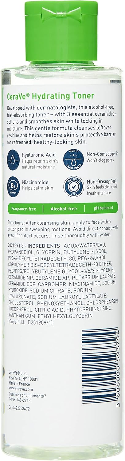 CeraVe Hydrating Toner for Face Non-Alcoholic with Hyaluronic Acid, Niacinamide, and Ceramides for Sensitive Dry Skin, Fragrance-Free Non Comedogenic, Full Size, 6.8 Fl Oz
