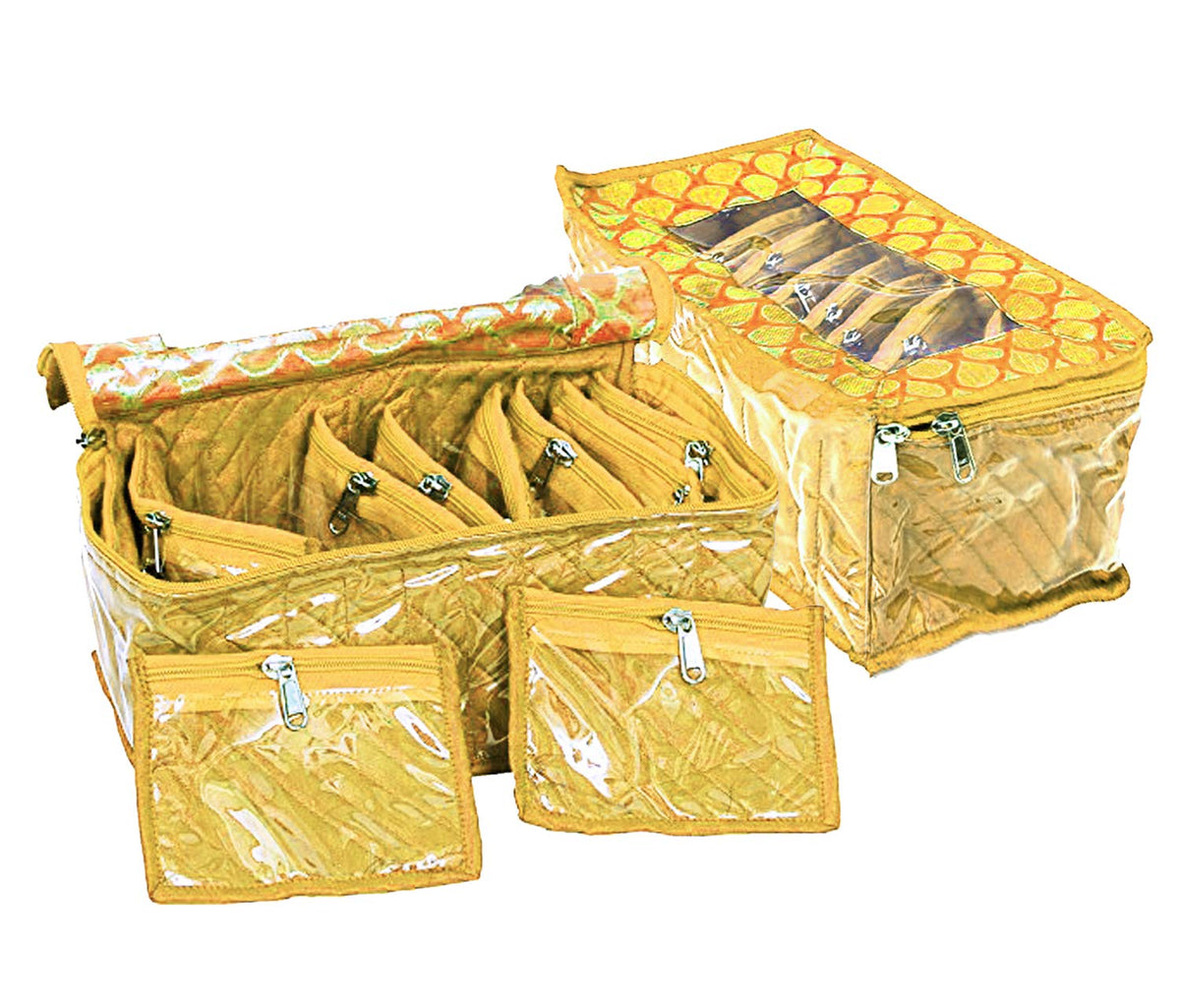Fountina 2 Pieces Fabric Jewellery Box with 10 Transparent Pouches, (Yellow)