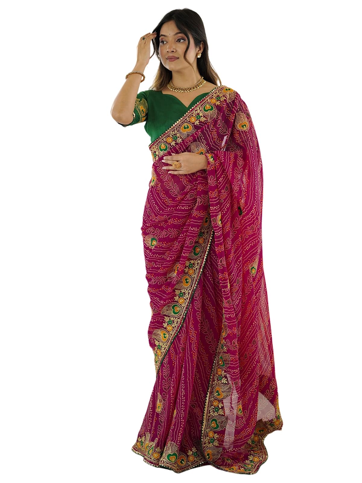 Women's Georgette Bandhani Printed Embroidered gota lace Saree with Unstitched Blouse Piece