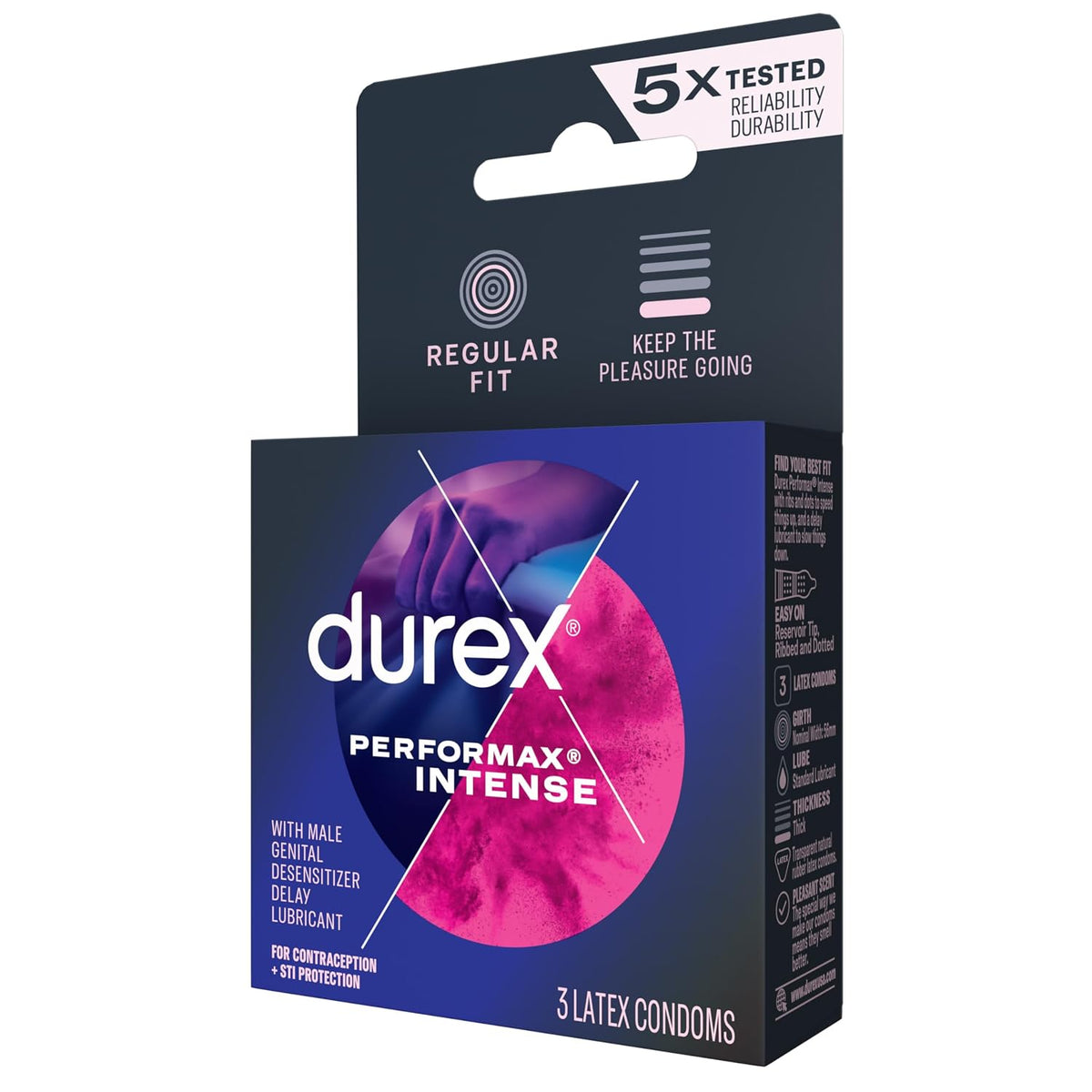 Durex Performax Intense Lubricated Ribbed Dotted Premium Condoms, 3 ct