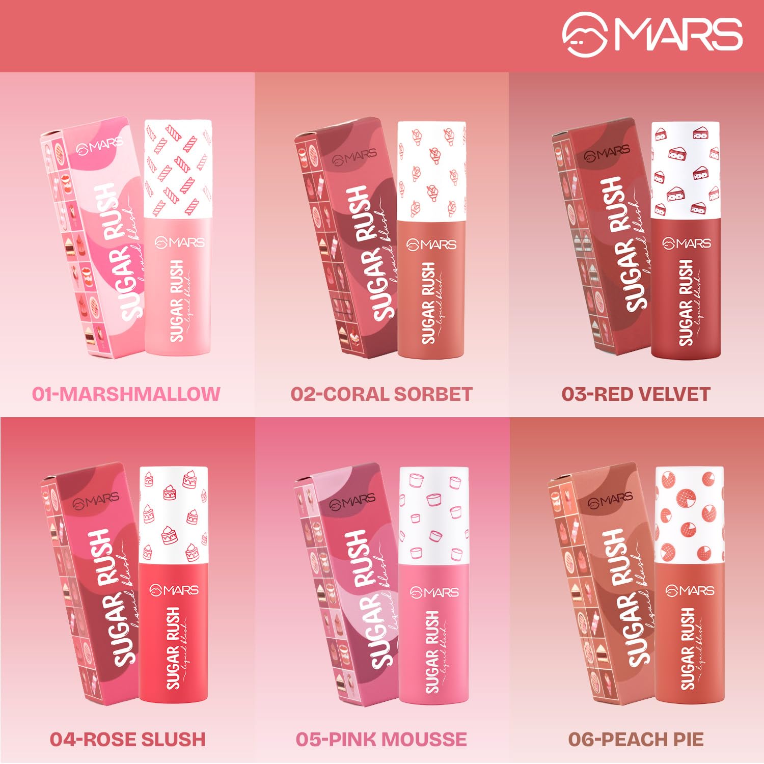 MARS Sugar Rush Liquid Blush (02-CORAL SORBET) | High-Pigmentation | Lightweight Formula | Dewy Matte Finish | Long-Lasting | Smooth Radiant Glow | Easy Doe-Foot Applicator (4.5ml)