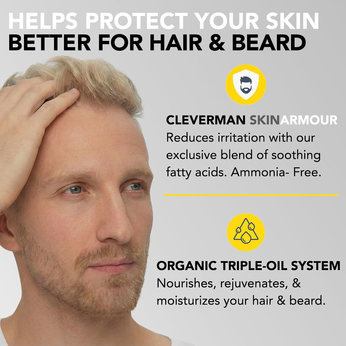 Reusable Hair & Beard Dye for Men – Lightest Blond | Up to 5 Uses, 7 Minutes | Natural Gray Coverage, No-Drip Cream with SkinArmour® – Cleverman Lightest Blond