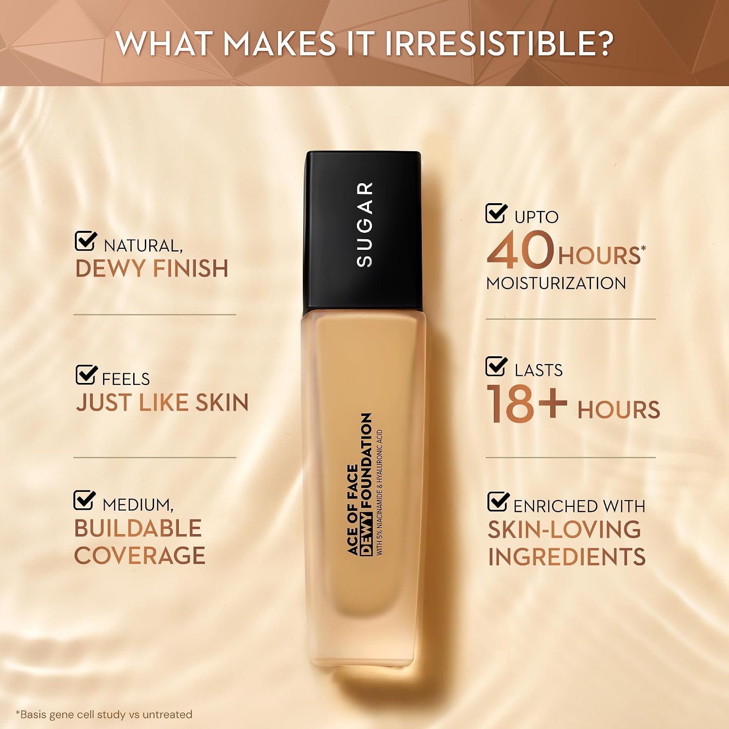 SUGAR Cosmetics Ace Of Face Dewy Foundation with 5% Niacinamide & Hyaluronic Acid | Liquid Foundation for Indian Skin | Dewy Finish | 12Hr+ Wear | 30ml - 15 Cappuccino
