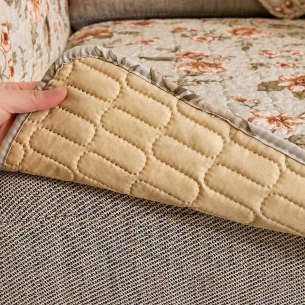 HOMETHREADS Anti-Skid Sofa Protector Mat: Premium Printed Cotton Slipcover with Strong PVC Non-Slip Backing (Beige, 2 Seater | 140x75cm) Beige 2 Seater | 140x75