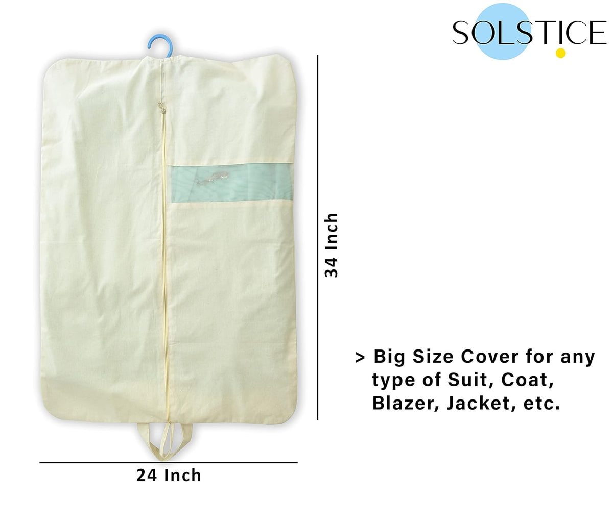 SOLSTICE Cotton Coat/Suit Cover Big Size with Zip of (40 x 24 inch) | Suit, Blazer, Jacket Cover (Pack of 3)(Hanger Not Included)