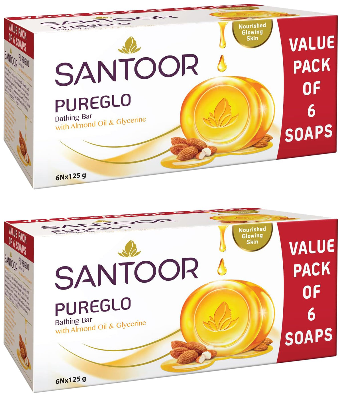 Santoor PureGlo Glycerine Bath Soap with Almond Oil for moisturized, nourished and shining Skin, Combo Offer 125g Pack of 12