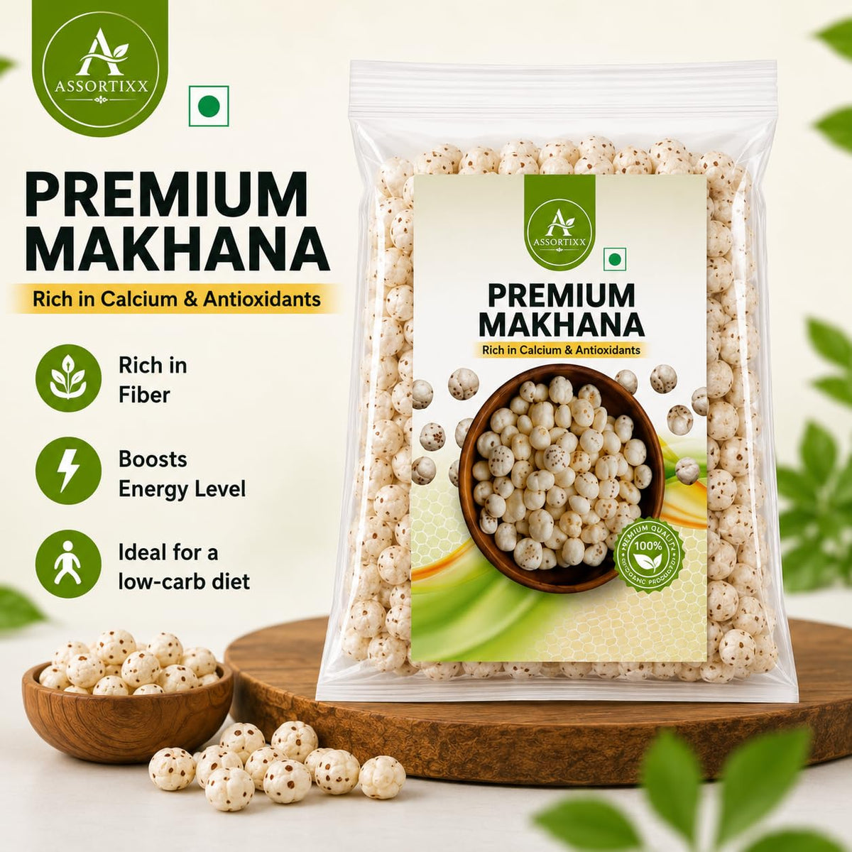 ASSORTIXX Premium Raw Phool Makhana 500gm| Authentic Bihari Jumbo Makhana | Phool Makhana for Prasadam | 100% Natural & Gluten-Free Foxnuts | Gorgun Nuts | Raw