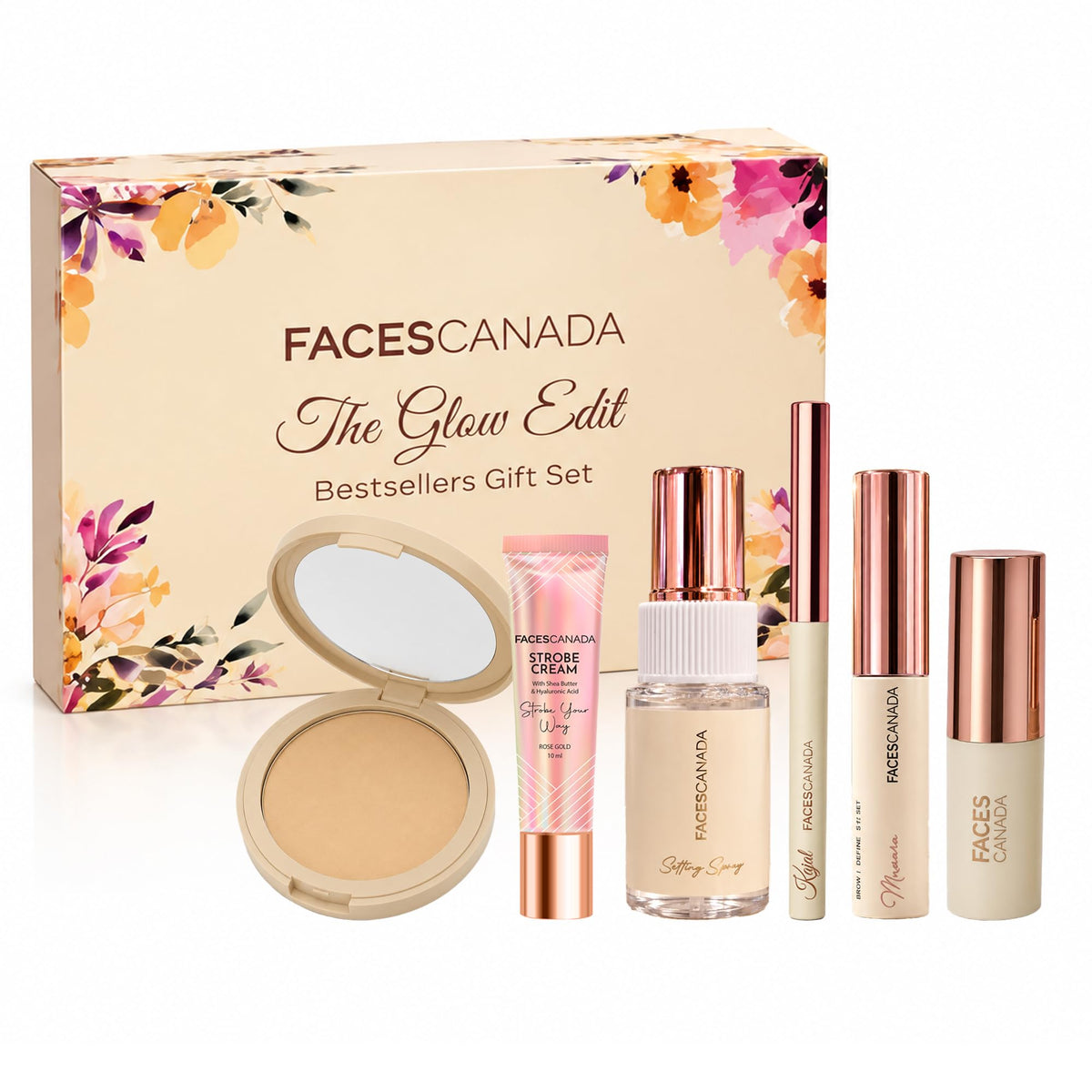 FACES CANADA The Glow Edit: Bestsellers Gift Set, Pack of 6 | Makeup Gift Set | Natural Compact 10g, Mascara 5ml, Shimmer Setting Spray 30ml, Black Kajal 0.3g,