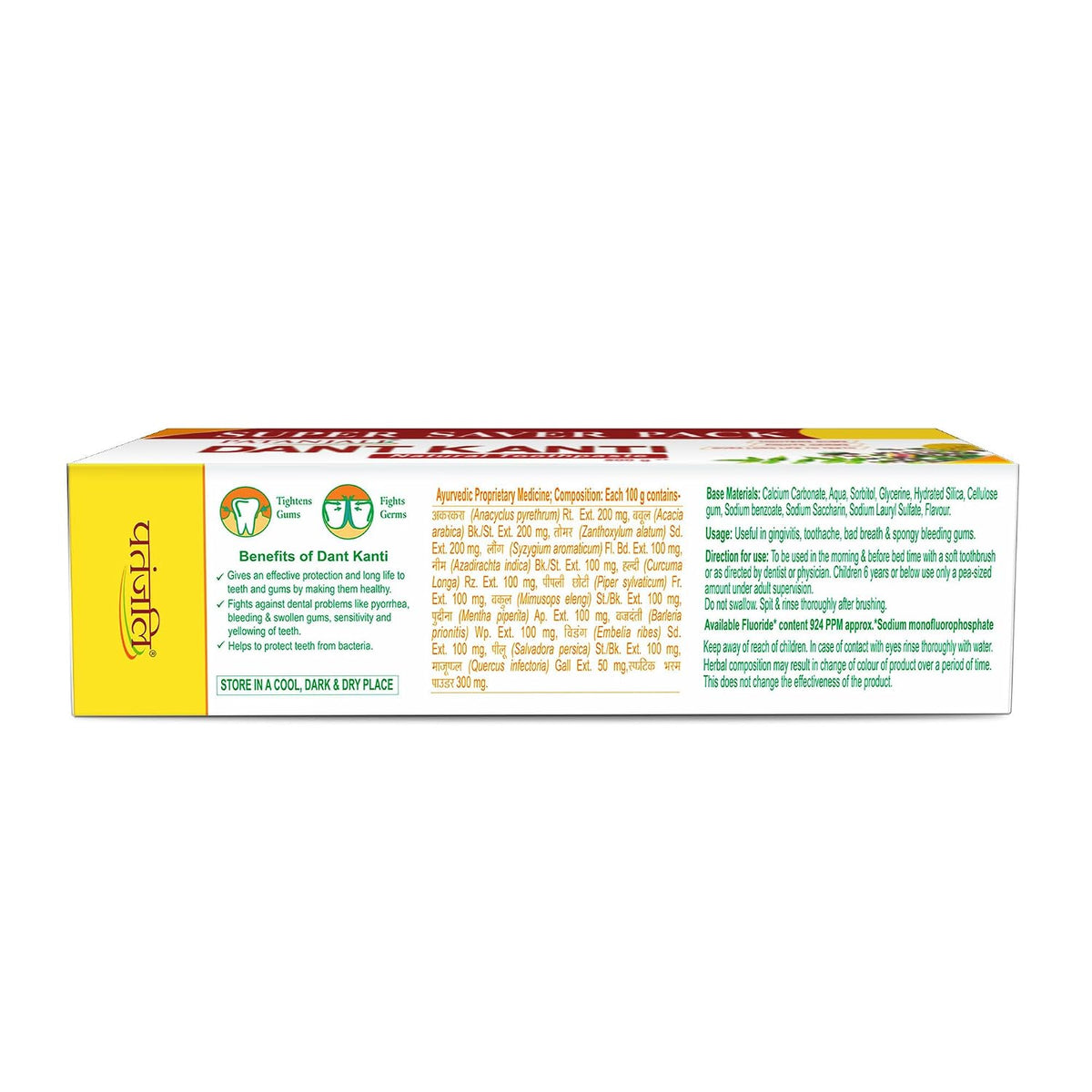 Patanjali Dant Kanti Natural Toothpaste 600g (200gx3), Super Saver Value Pack, Strengthens Teeth, Tightens Gums & Promotes a Cavity-Free, Healthy Smile (Pack of
