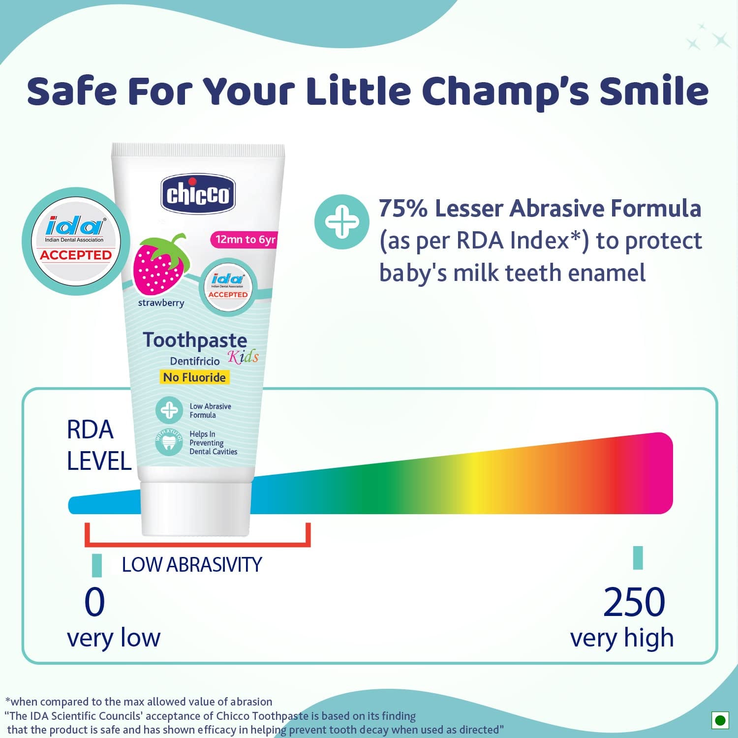 Chicco - Toothpaste, Strawberry Flavour for 12mn to 6yr Baby, Fluoride-Free (50g)