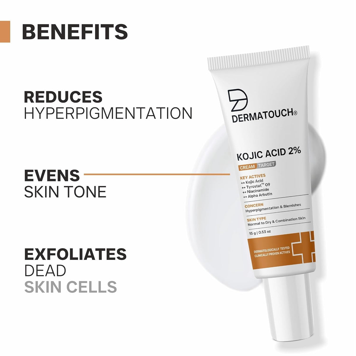 DERMATOUCH Kojic Acid 2% Brightening Cream with Niacinamide & Tyrostat | For Pigmentation, Blemishes, Dark Spots & Hyperpigmentation | Non-Greasy | Dermatologis