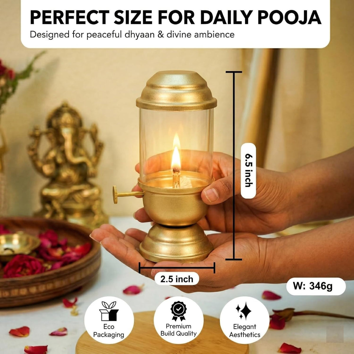 Akhand Diya with Adjustable Bati Knob, Wick Lifting Screw Lever