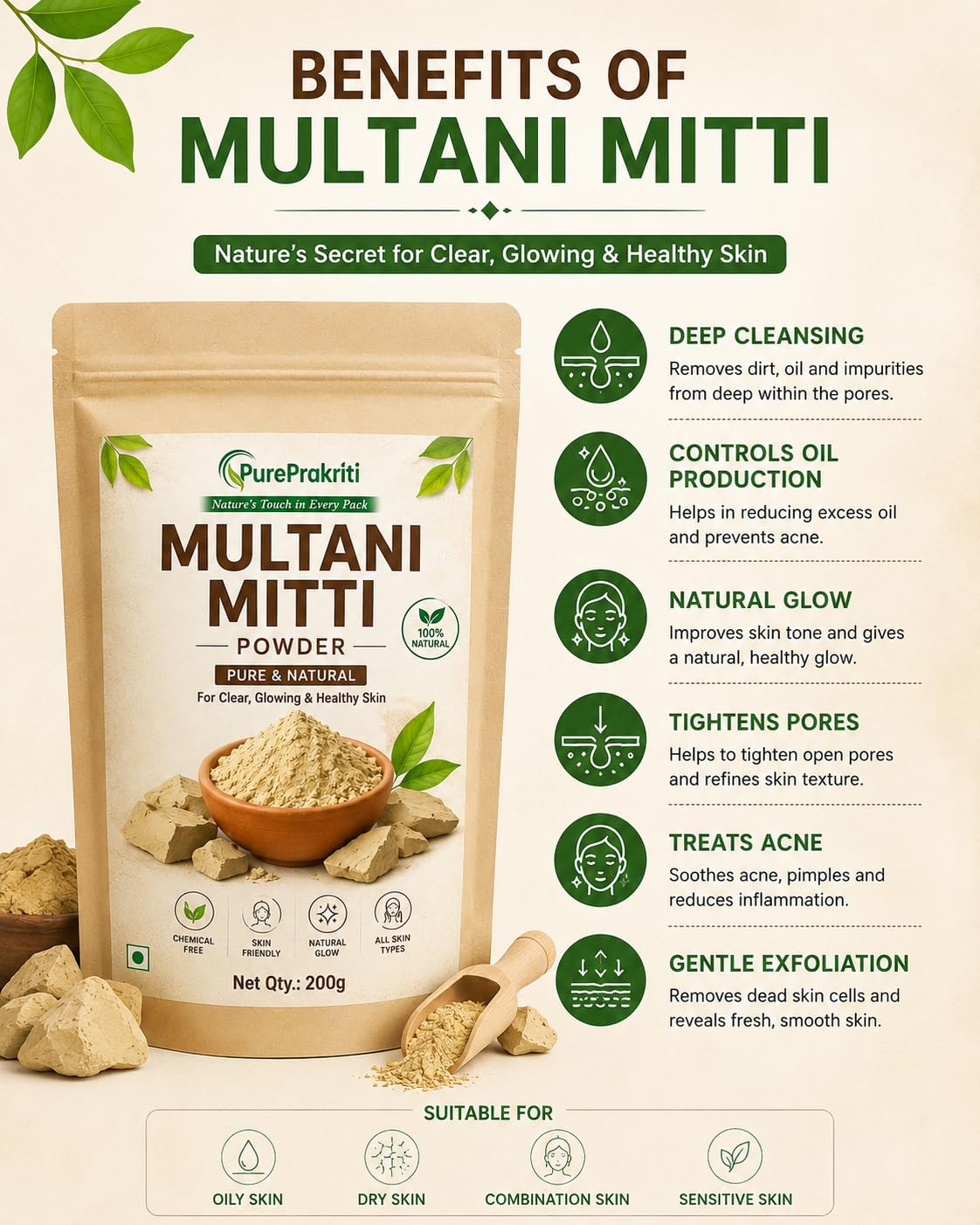Pack of 1 Multani Mitti Powder 200g with Free Plastic Gloves | 100% Natural Fuller's Earth Face Pack | Deep Cleansing Clay for Oily Skin, Acne, Pimples, Tan Rem