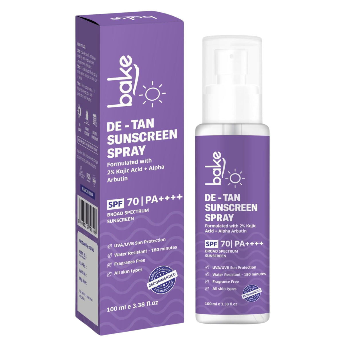 BAKE Sunscreen Spray SPF 70 PA++++ | Sweat Resistant & Waterproof - 180 Minutes | With 2% Kojic Acid & Alpha Arbutin | For Tan Removal, Pigmentation & UVA/B Sun