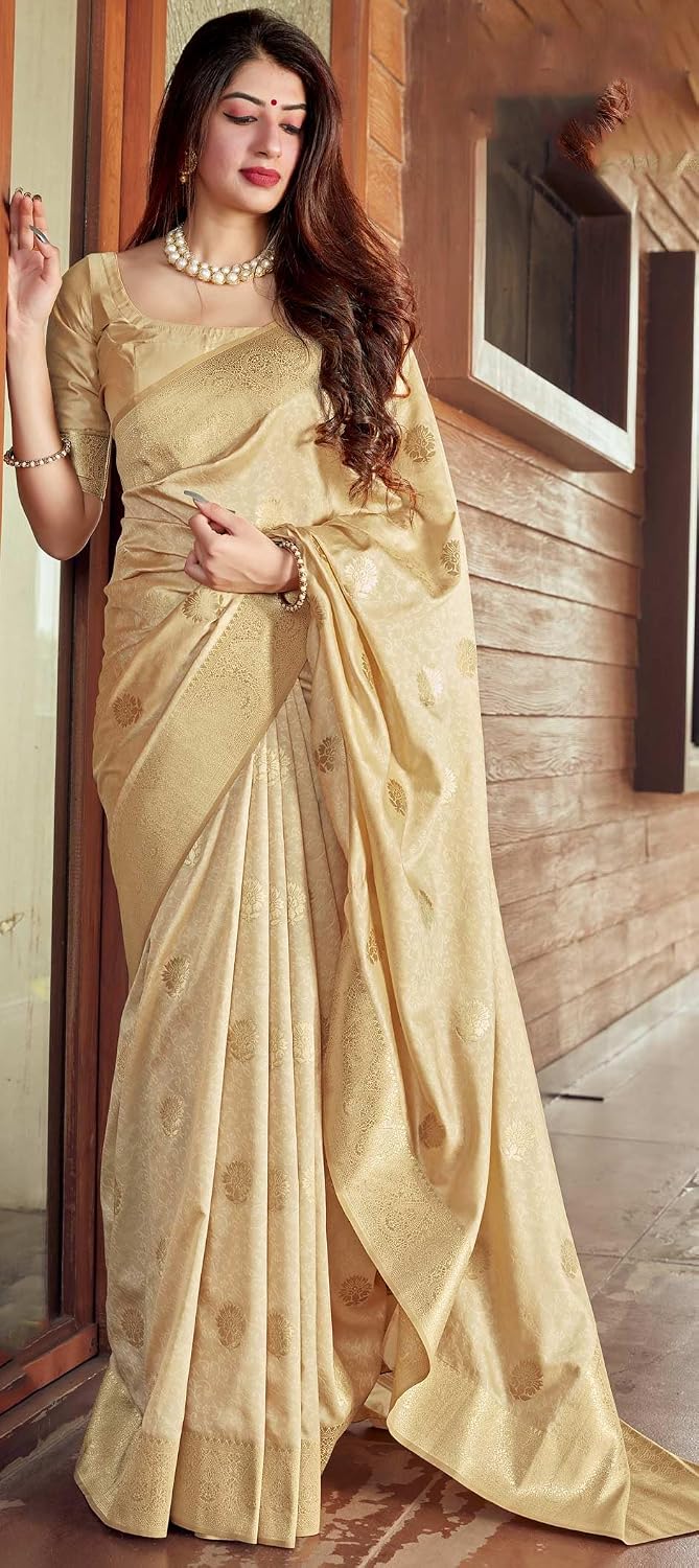 SGF11 Women's Kanjivaram Soft Silk Saree With Blouse Piece 6.3metres Gold