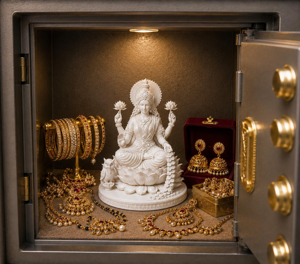 Premium Polymer Goddess Lakshmi Murti on Lotus - Car Dashboard - 12 cm White