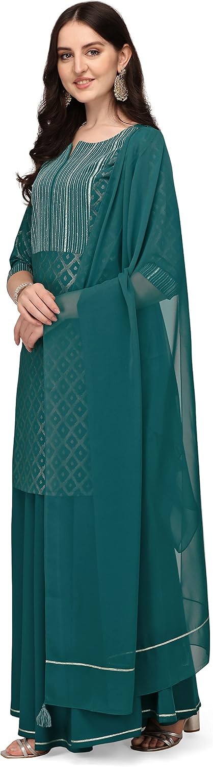 FIORRA Women's Crepe Straight Kurti Skirt With Dupatta Large Teal Green