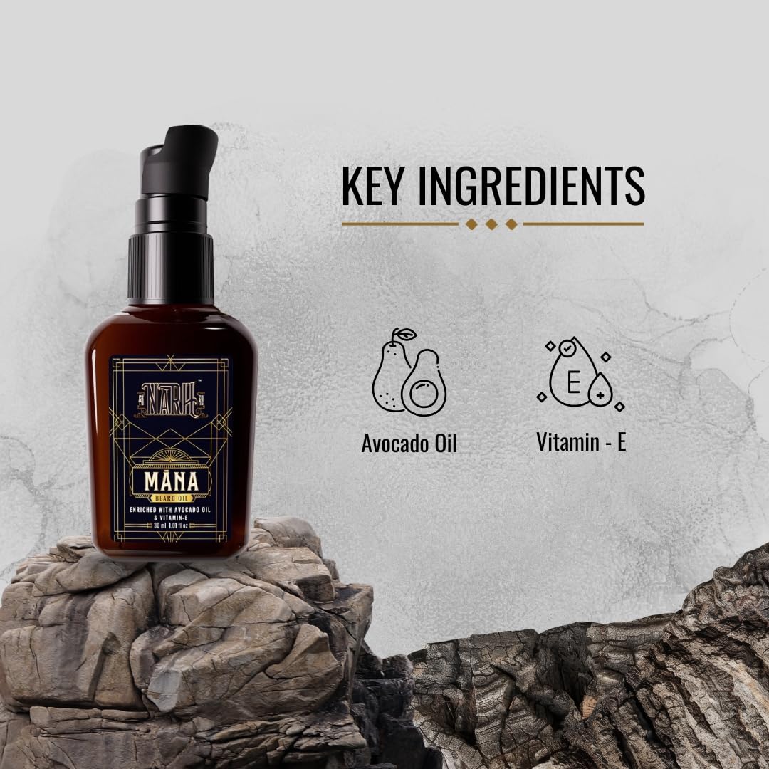 NARH MANA | Premium Beard Oil | All-Natural Grooming Oil with Oud Fragrance | Non-Sticky, Hydrating, Beard Nourishing Formula | Enriched with Jojoba, Avocado Oi