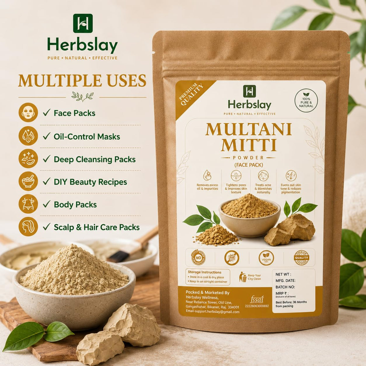 Multani Mitti Powder Face Pack, Pure Natural Fuller's Earth, for Oil Control, Deep Cleansing and DIY Skincare 100 g (Pack of 1)