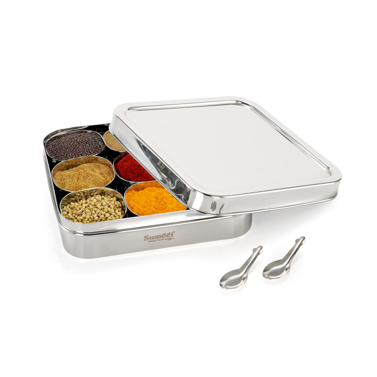 Sumeet 9 in 1 Stainless Steel Square Shape Masala/Spice Box/Dabba/Dani For Kitchen With 9 Square Bowls + Spoon, 22cm, Big - Silver 22 x 22 cm - 2300ml (With Ste