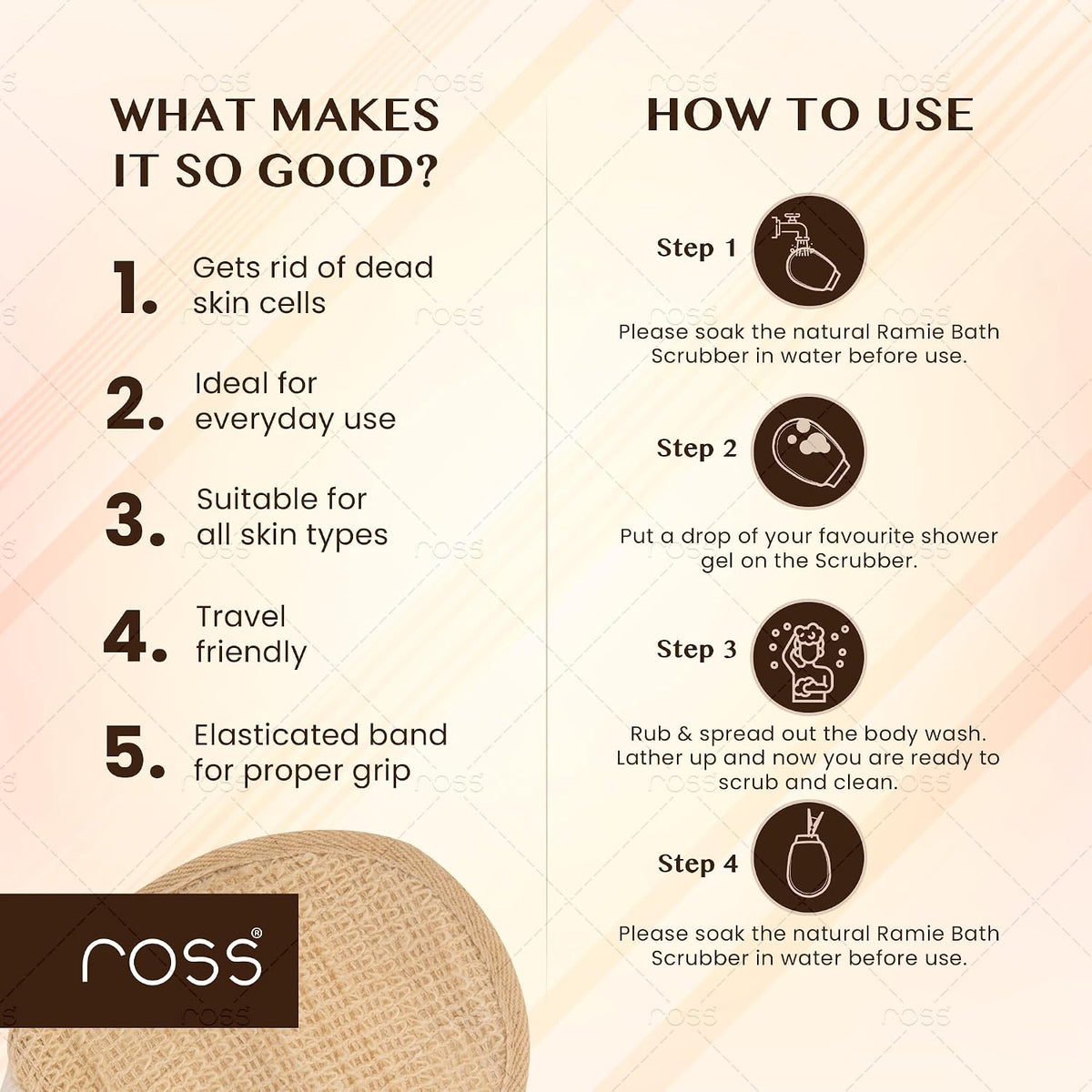 Ross Natural Ramie Bath Glove Scrubber Gentle Exfoliating Glove For Deep Cleansing, High-lather Foam, And Smooth, Refreshed Skin Perfect For Removing Dead Skin